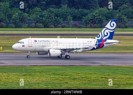Changi, Singapore - February 3, 2023: Cambodia Airways Airbus A319 airplane at Changi Airport in Singapore. Stock Photo