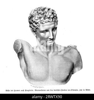 Hermes marble statue of  Praxiteles or  Hermes of Olympia,  ancient Greek sculpture discovered in the ruins of the Temple of Hera, Olympia, in Greece. Now at the Archaeological Museum of Olympia Stock Photo