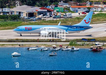 Skiathos, Greece - June 30, 2023: TUI Airways Boeing 737 MAX 8 airplane at Skiathos Airport (JSI) in Greece. Stock Photo