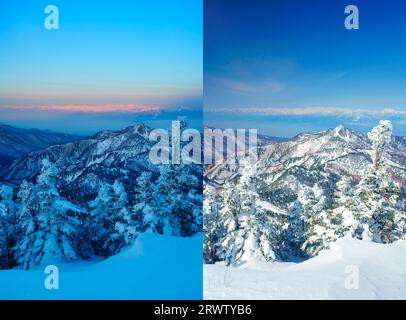 Mt. Yokote and Mount Shiroumadake and other mountains in the Northern Alps from morning to noon Stock Photo