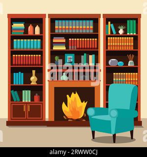 Vector illustration of a library room with an arm chair and a fire place Stock Vector