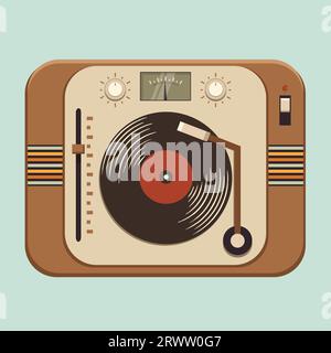 Old vintage gramophone player or a vinyl turntable, vector illustration, top view Stock Vector