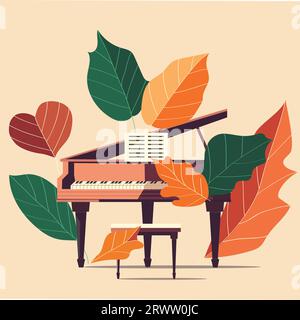 Flat vector illustration of a grand piano with giant leaves Stock Vector