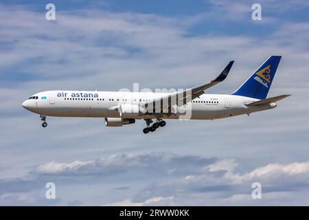 Frankfurt, Germany - July 18, 2023: Air Astana Boeing 767-300ER airplane at Frankfurt Airport (FRA) in Germany. Stock Photo