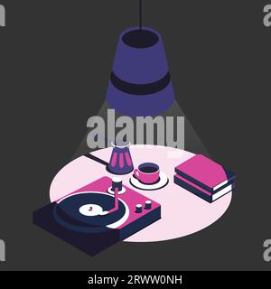 Night vector still life of coffee, books and vynil recorder under the lamplight Stock Vector