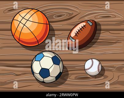 Vector hand drawn different sports balls on the wooden floor Stock Vector