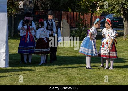 Traditional Hungarian harvest parade on September 16, 2023 in village Tapolca-Diszel of Hungary. Traditional hungarian clothes. Stock Photo