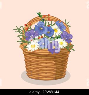 Hand drawn vector illustration of wild flowerbouquet in a wicker basket Stock Vector