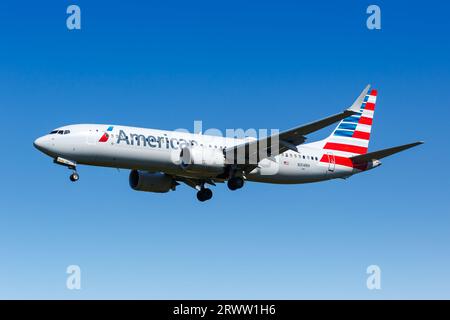 New York, United States - May 1, 2023: American Airlines Boeing 737-8 MAX airplane at New York JFK Airport in the United States. Stock Photo