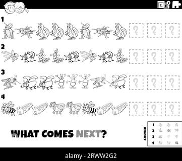 Black and white cartoon illustration of completing the pattern educational task for children with insects animal characters coloring page Stock Vector