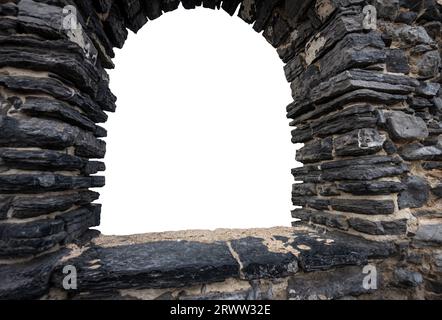 Closeup of a defocussed window with stone wall and arch, isolated on white background for inserting your own landscape or panorama. Porto Venere... Stock Photo
