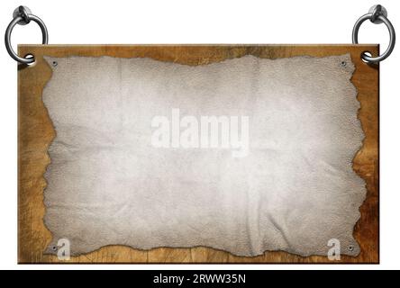 Metal sign with blank parchment (old paper sheet) and and steel rings for hanging. Isolated on white background and copy space, template. Stock Photo
