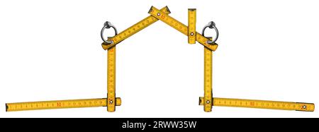 Orange and yellow wooden folding ruler in the shape of a house with steel rings for hanging. Isolated on white background. Photography. Stock Photo