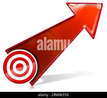 Red and white target (bull's eye,) and empty directional red arrow, directional sign with copy space, isolated on white background. 3D illustration. Stock Photo