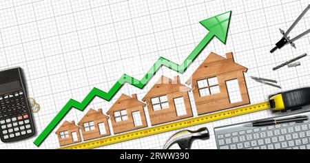 Growth graph, wooden houses and arrow moving up, desk with calculator, tape measure, Euro coins, hammer,  drawing compass, pencil, computer keyboard. Stock Photo