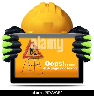 Error 404 page not found, oops connection is lost concept. Construction worker holding a digital tablet with triangular road sign of work in progress. Stock Photo