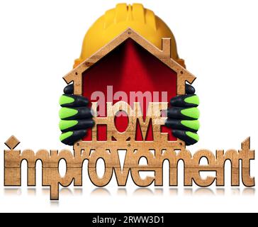 Manual worker with protective work gloves and orange hard hat holding a small wooden house with text Home Improvement, isolated on white background. Stock Photo