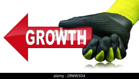 Manual worker with protective work gloves holding a red directional sign with the text, Growth (red arrow), isolated on white background. Stock Photo