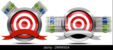 Two circle archery metal symbols with arrows, target and blank ribbon with copy space, isolated on white background. 3D illustration and photography. Stock Photo