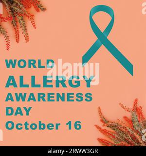 World Allergy Awareness Day observed on October 16. Poster with teal awareness ribbon, inscription and flowers on plain salmon color background Stock Photo