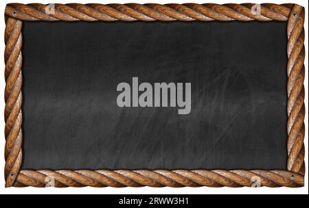 Old blank blackboard with wooden rectangular frame in the shape of brown ropes. Isolated on white background and copy space, template, photography. Stock Photo