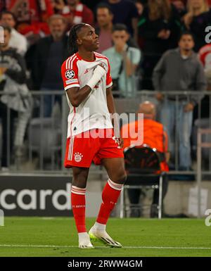 Munich, Germany. 20th Sep, 2023. Mathys Tel of Bayern Munich celebrates after scoring during the UEFA Champions League Group A football match between Bayern Munich and Manchester United in Munich, Germany, Sept. 20, 2023. Credit: Philippe Ruiz/Xinhua/Alamy Live News Stock Photo