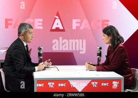 Paris, France. 21st Sep, 2023. Gerald Darmanin is interviewed by Apolline de Malherbe on RMC/BFMTV in Paris, France on September 21, 2023 Photo by Alain Apaydin/ABACAPRESS.COM Credit: Abaca Press/Alamy Live News Stock Photo