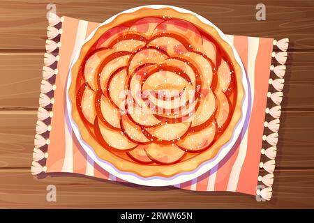 Homemde apple pie, tart with powdered sugar top view on woodet table whole round bakery, dessert in cartoon style. Vector illustration Stock Vector