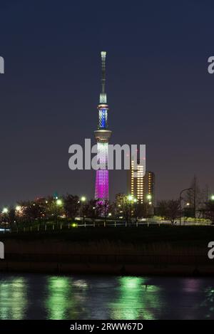 Tokyo Skytree light-up and Sumida River Stock Photo