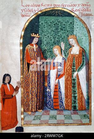 Isabella I of Castile (1451-1504), queen of Castille and Leon, Ferdinand II of Aragon (1452-1516) and their daughter Joanna of Castile(1478-1555), known as Joan the Mad. 'Rimado de la conquista de Granada', by Pedro Marcuello, c. 1482. Stock Photo