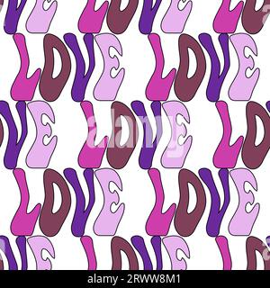 Vector seamless pattern -Y2k groovy quote LOVE lettering. Funky retro aesthetic prints for modern fabric design with melting organic shapes. Stock Vector