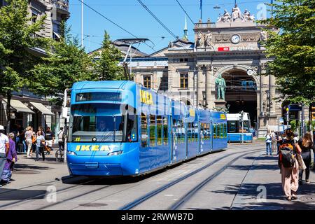 Zurich, Switzerland - August 10, 2023: Bahnhofstrasse with tram type Cobra-Tram public transport in the city of Zurich, Switzerland. Stock Photo