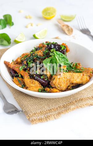 Stir Fried Chicken with Basil, Top Down Asian Chicken Appetizer Photo Stock Photo