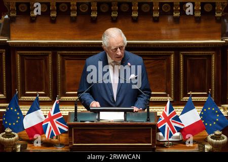Paris, France. 21st Sep, 2023. Britain King Charles III addresses Senators and members of the National Assembly at the French Senate, the first time a member of the British Royal Family has spoken from the Senate Chamber, in Paris on September 21, 2023. Britain's King Charles III and his wife Queen Camilla are on a three-day state visit starting on September 20, 2023, to Paris and Bordeaux, six months after rioting and strikes forced the last-minute postponement of his first state visit as king. Photo by Raphael Lafargue/ABACAPRESS.COM Credit: Abaca Press/Alamy Live News Stock Photo