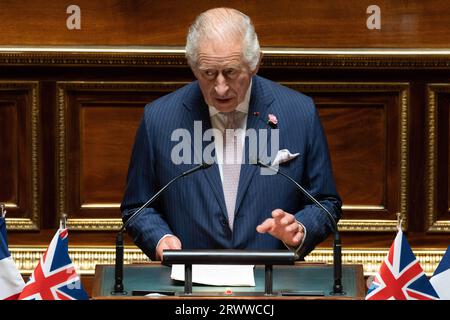 Paris, France. 21st Sep, 2023. Britain King Charles III addresses Senators and members of the National Assembly at the French Senate, the first time a member of the British Royal Family has spoken from the Senate Chamber, in Paris on September 21, 2023. Britain's King Charles III and his wife Queen Camilla are on a three-day state visit starting on September 20, 2023, to Paris and Bordeaux, six months after rioting and strikes forced the last-minute postponement of his first state visit as king. Photo by Raphael Lafargue/ABACAPRESS.COM Credit: Abaca Press/Alamy Live News Stock Photo