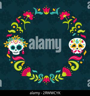Day of the Dead. Dia de Muertos. Round frame, wreath. Catrina, the garbancera skull, festive skeleton, the bony dancer. Vector illustration in vintage Stock Vector