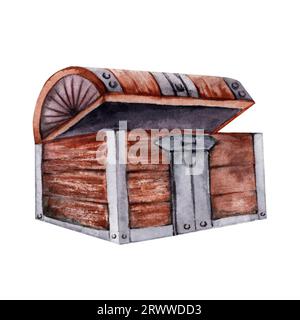 Watercolor open wooden chest isolated on white background. Hand drawn illustration element. Pirate treasure storage container. Stock Photo