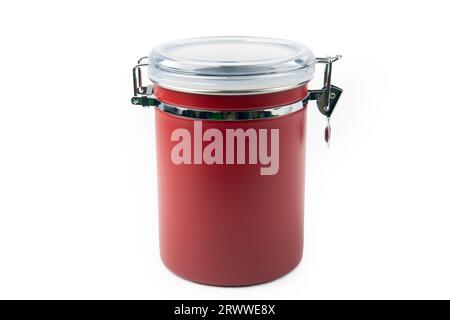 Coffee can container with transparent plasic cover isolated on white background. Stock Photo