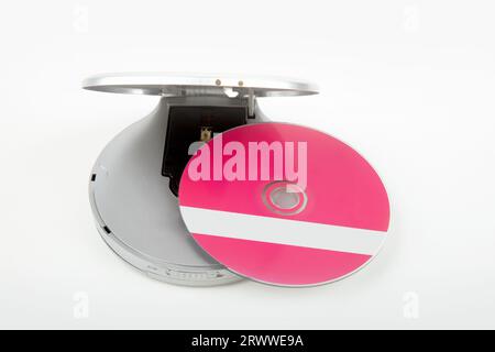 Open Portable Compact Disk Player with CD isolated on white background Stock Photo