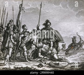 Ferdinand Magellan (c.1480-1521). Portuguese navigator. Death of Magellan in the Philippines, 1521. Engraving, 18th century. Stock Photo