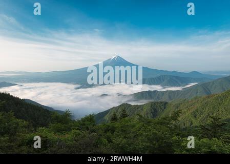 Mt. Fuji over the sea of clouds Stock Photo