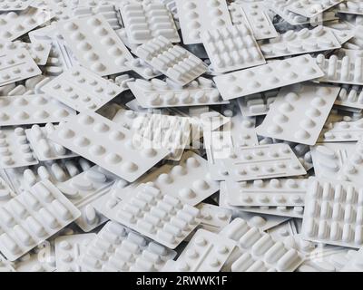 Big heap of various pills and tablets packs and blisters. High quality 3d render Stock Photo