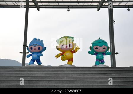 Hangzhou. 29th Mar, 2022. This photo taken on March 29, 2022 shows Chenchen, Congcong and Lianlian (from L to R), mascots of the 19th Asian Games, at Tonglu Equestrian Centre, in Hangzhou, east China's Zhejiang Province. Credit: Huang Zongzhi/Xinhua/Alamy Live News Stock Photo