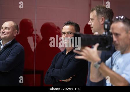 Deurne, Belgium. 21st Sep, 2023. Antwerp's director of football Marc Overmars pictured during an updated team presentation of Belgian soccer team Royal Antwerp FC, on Thursday 21 September 2023 in Deurne, Belgium. BELGA PHOTO TOM GOYVAERTS Credit: Belga News Agency/Alamy Live News Stock Photo