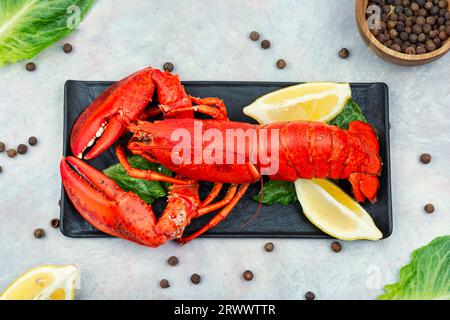 Boiled large lobster with greens and lemon on a tray. Seafood Stock Photo