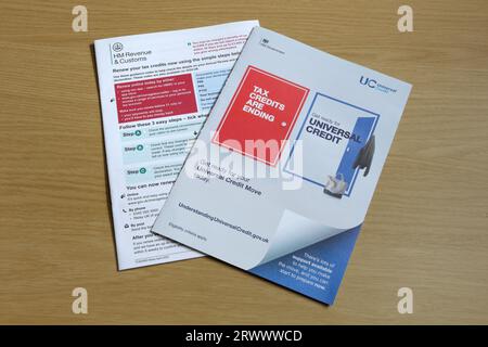 DWP Information leaflet about Working tax credits ending and changing to Universal credit benefit, financial support UK Stock Photo