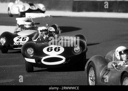 1955 Jaguar D-type 'long nose' driven by John Young in the Sussex Trophy race at The Goodwood Revival Meeting 10th Sept 2023 in Chichester, England. © Stock Photo