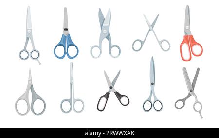 Set of different scissors models cutter tools simple cartoon design vector illustration isolated on white background Stock Vector