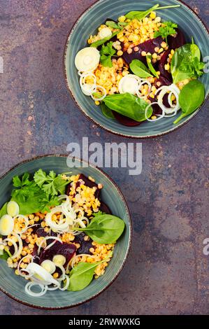 Salad with beetroot, lentils, onions and herbs in bowl. Traditional Indian cuisine. Stock Photo