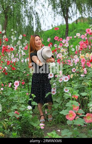 luannan county, China - June 21, 2023: The girl is playing among the sunflower flowers in a park, North China Stock Photo